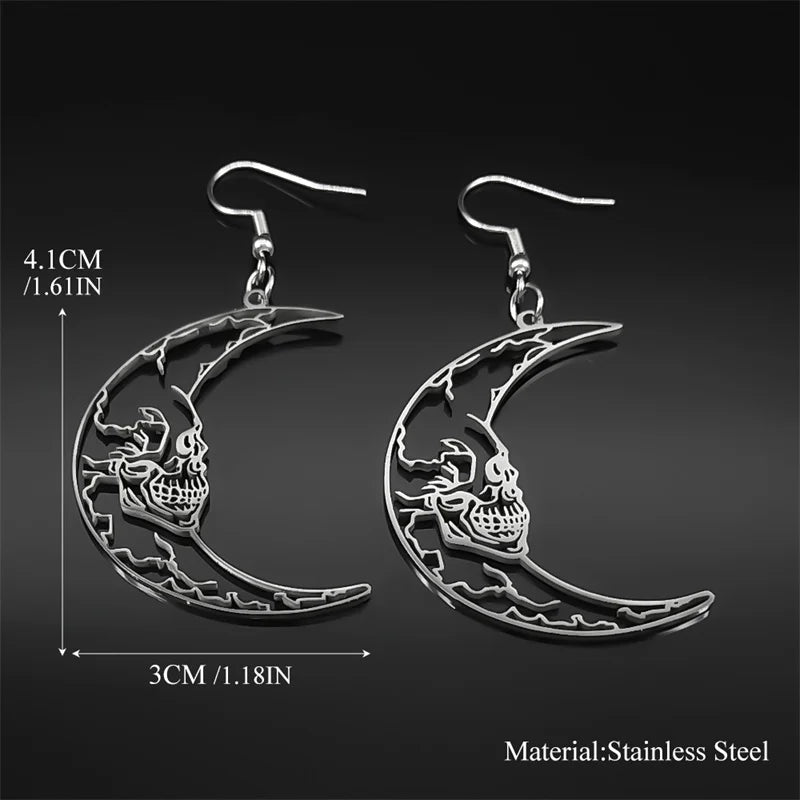 Gothic Skull Crescent Moon Stainless Steel Earrings - Punk Skeleton Black Drop Earrings for Women and Men, Goth Jewelry Gift