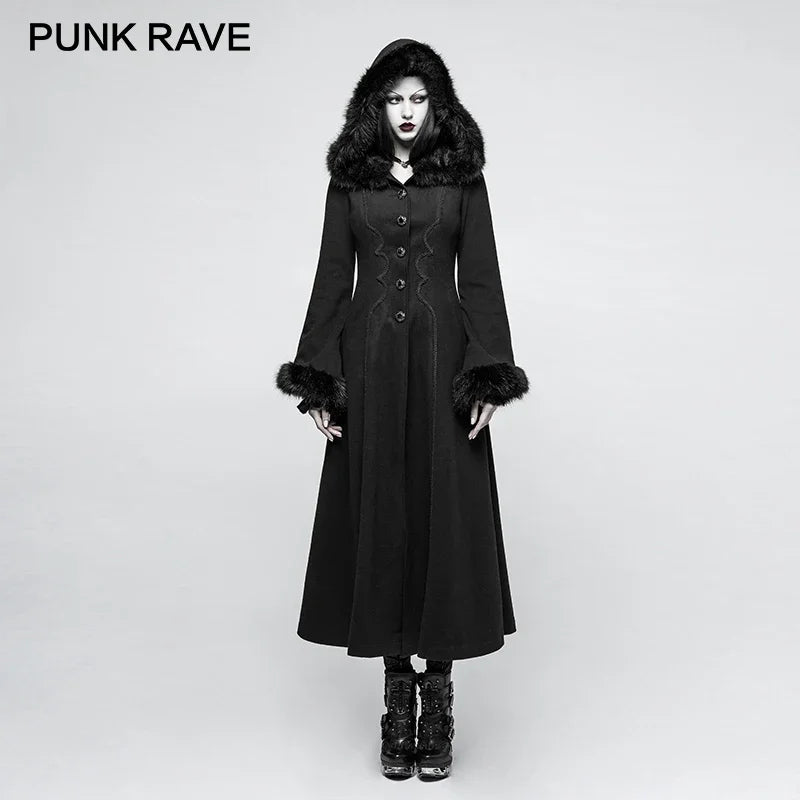 PUNK RAVE Women's Gothic Winter Coat - Black Long Worsted Coat with Disc Flowers and Embroidery, Hooded Raincoat for Autumn