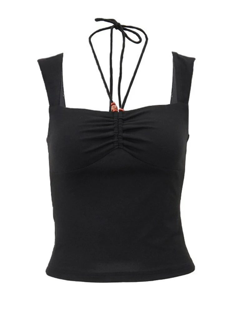 Vintage Black Square-neck Halter Crop Top – Sexy Slim Pleated Backless Sleeveless Tank Top for Women