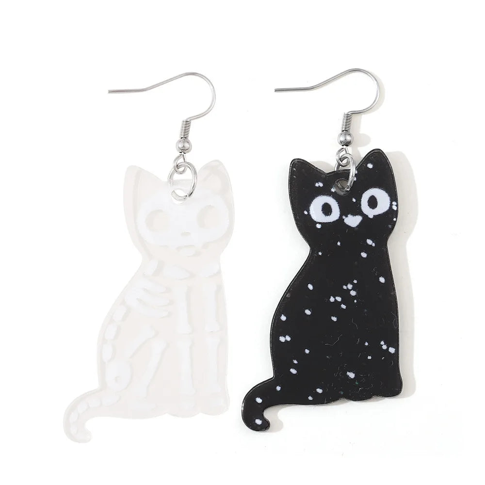 New Halloween Black and White Skeleton Cat Earrings | Transparent Acrylic Dark Party Decoration