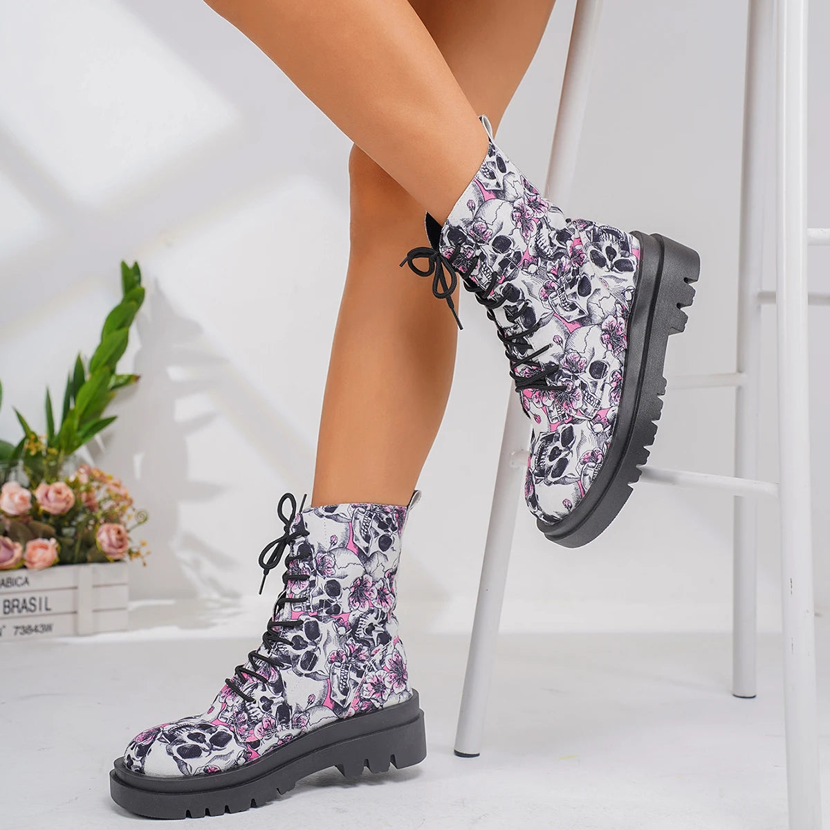 Spring and Autumn Punk Style Patterned Print Lace-Up Martin Boots