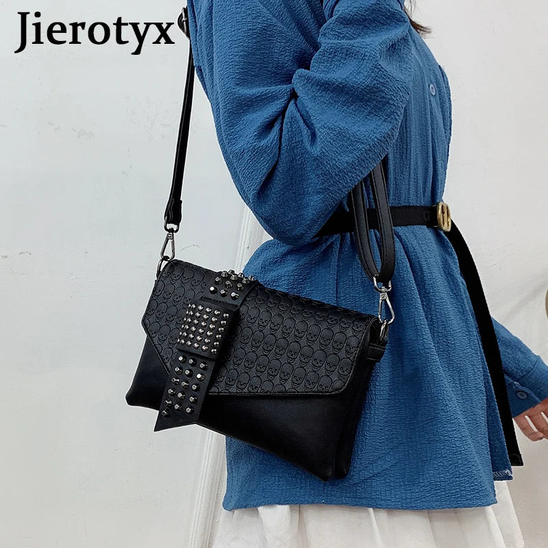 JIEROTYX Vintage Skull Print Women's Handbag - Black Leather Punk Flap Shoulder Bag with Rivet Buckle Details