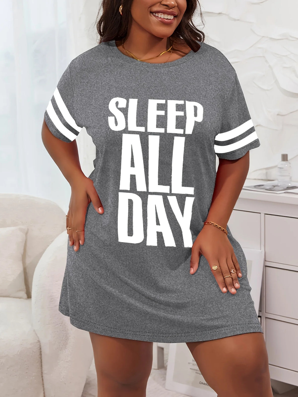 Plus Size Striped Sleep All Day Print Nightgown