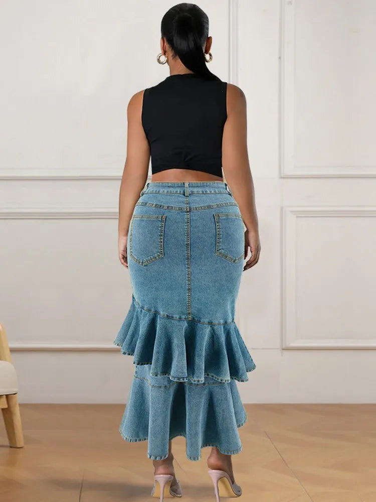 Summer New Plus Size Clothes High Waist Slit Denim Skirt For Women Washed Retro Pencil Skirt Hip-covering Straight Long Skirt