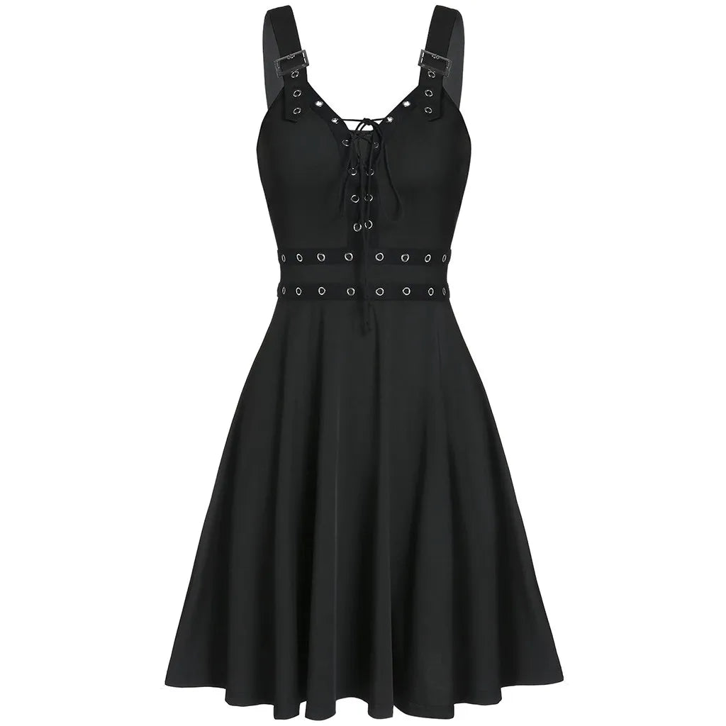 High Waist Knee-Length Party Dress for Women | Gothic Lace Up Buckles Sleeveless Backless Dress