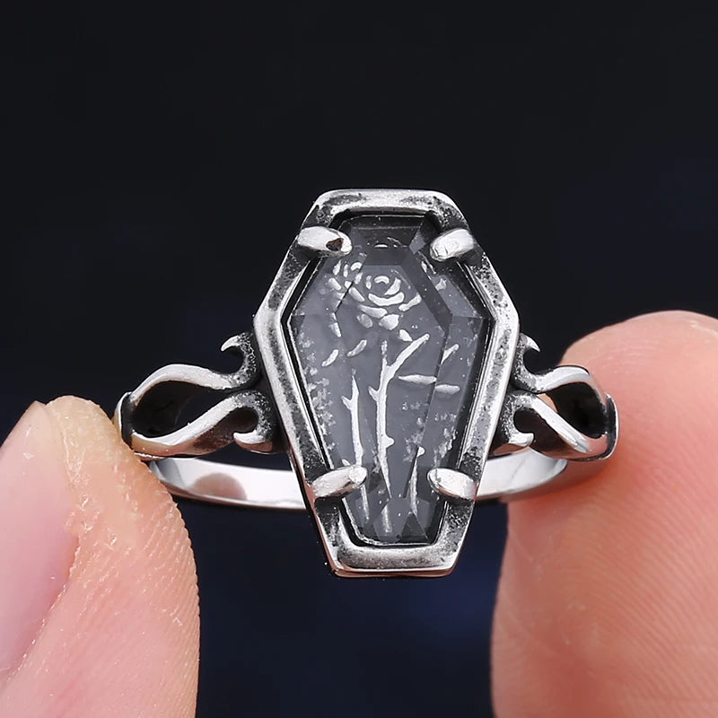 2023 Gothic Coffin Ring with Flower and Glass - Fashion Gift for Men and Women