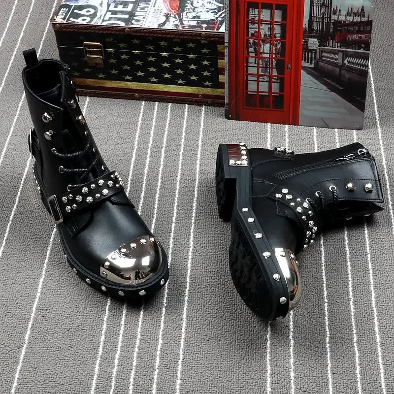 Spring and Autumn Men's Punk Leather Boots - Rivet Metal Motorcycle High Top Fashion Boots | Genuine Leather