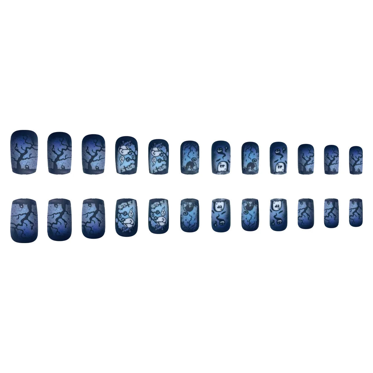 24pcs Halloween Painting Matte Press on Nails Blue Black Color False Nail Tips Wearable Full Cover Mid-length Coffin Fake Nails