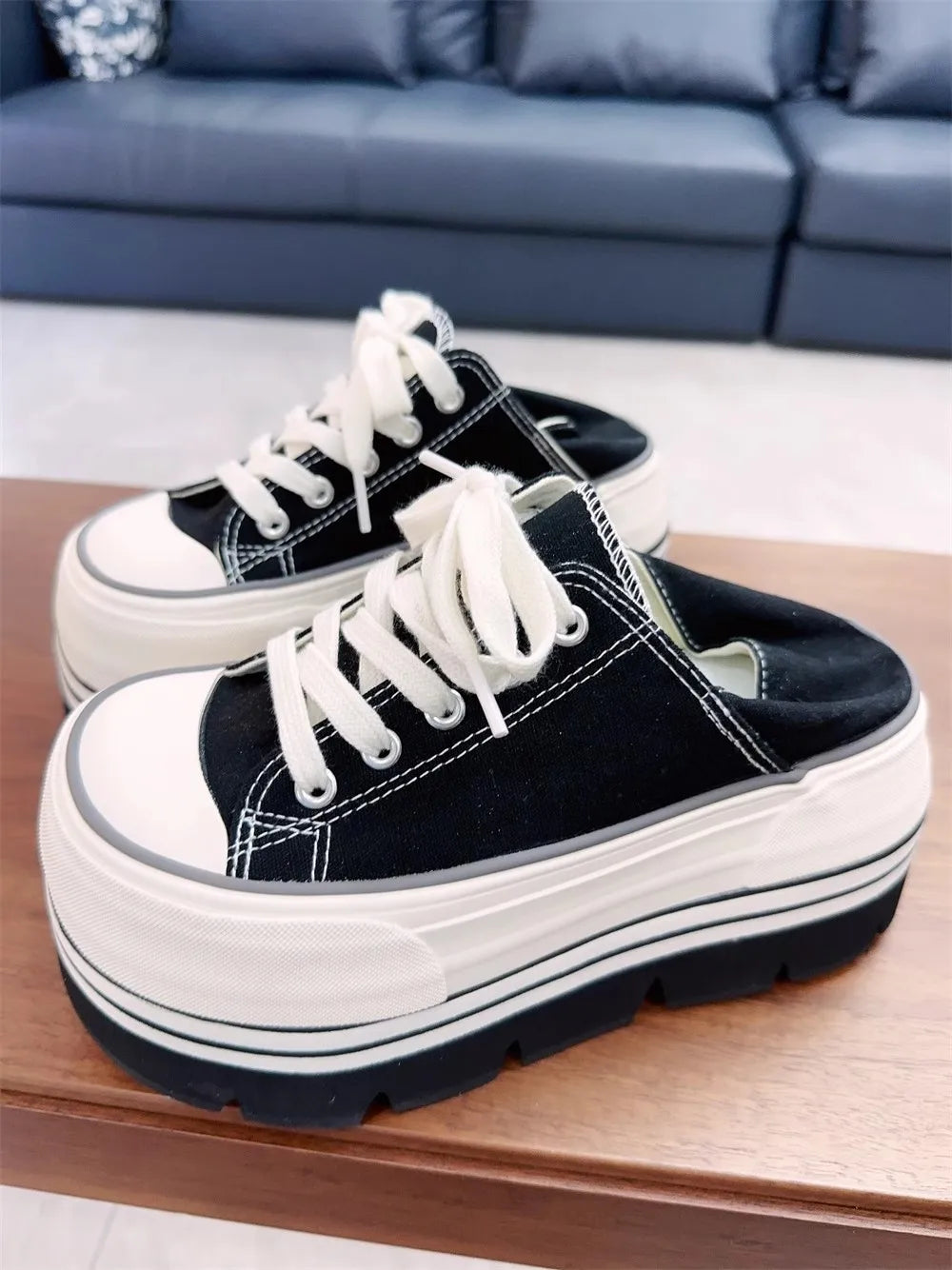 New Women's Casual Black Canvas Shoes - High Platform Lace-Up Slides with 8cm Heel