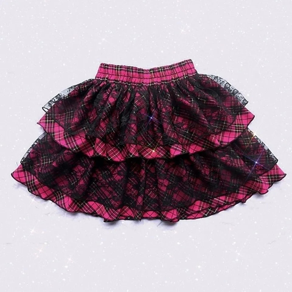 Harajuku Striped Print Y2K Cake Mini Skirt - Gothic Japanese Style Lace Punk Kawaii Skirt for School, Casual Party Skater