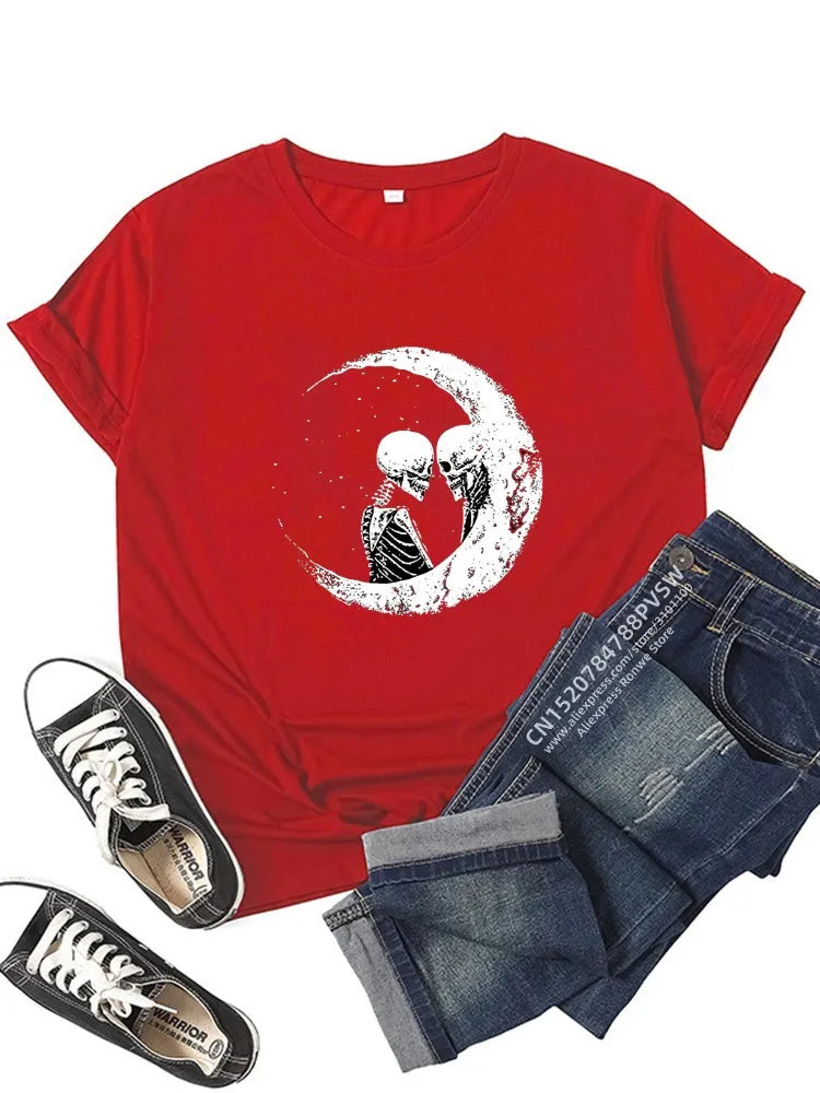 Love In a Crescent Moon Round Neck Short Sleeved Graphic Print Tee Shirt