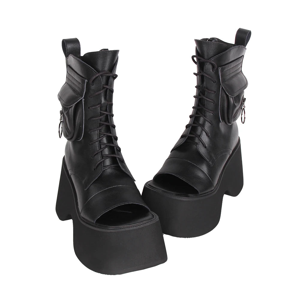 Women’s Motorcycle Style Punk Boots - Dark Gothic High Heels with Open Toe, Pocket Detail, and Chunky Platform