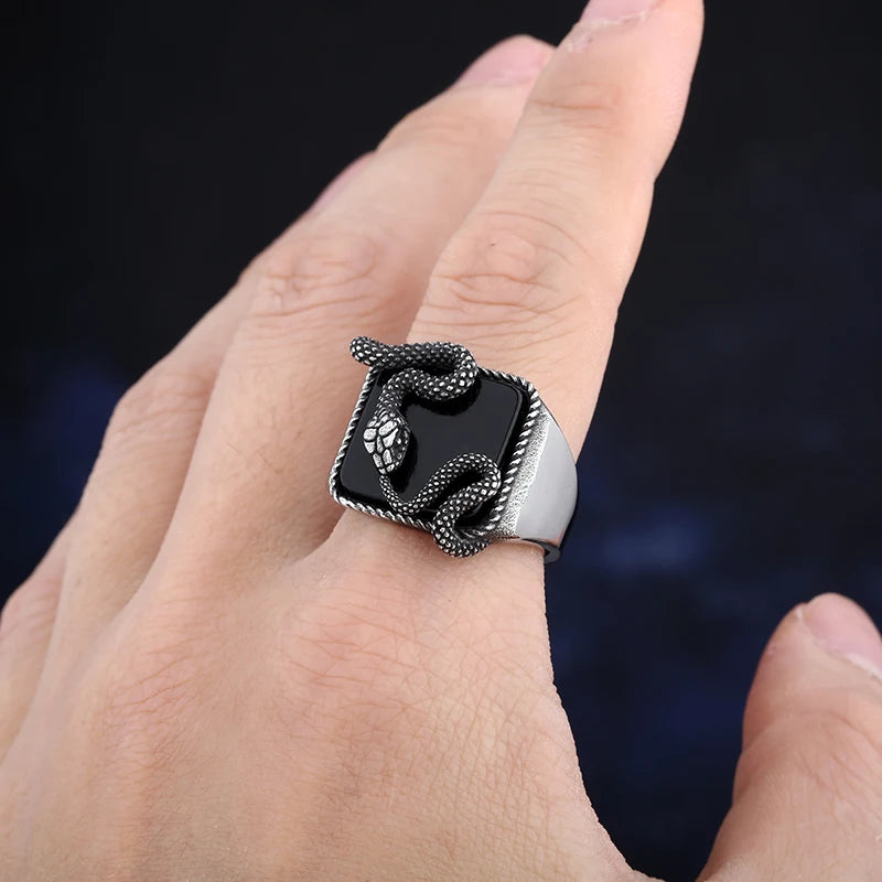 2024 Men’s Punk Rock Black Stone Ring – 3D Snake Gothic Style Stainless Steel Biker Jewelry