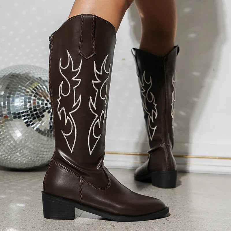 Embroidered Black Long Boots – Autumn PU Leather Knee High Cowboy Boots for Women