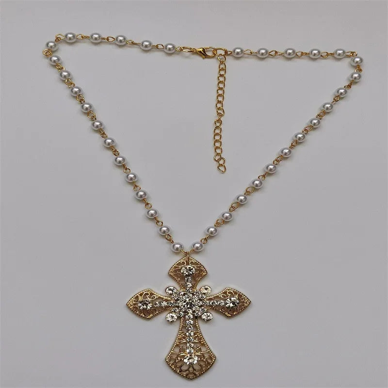 Victorian Big Cross Pendant Necklace White Pearl Choker Vampire Cross Rosary Goth Punk Crystal Cross Metal Jewelry Accessories