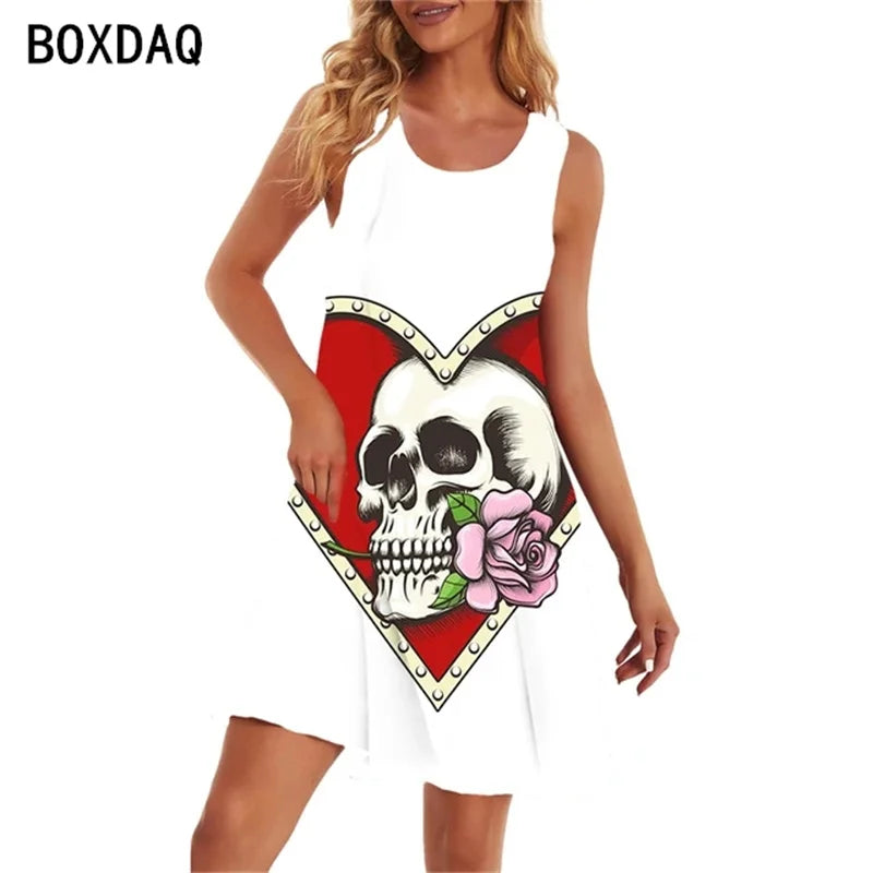 Big Size Women Summer Sleeveless Tank Dress 3D Skull Printed A-Line Dress Y2K Street Cool Girl Dress Vestidos