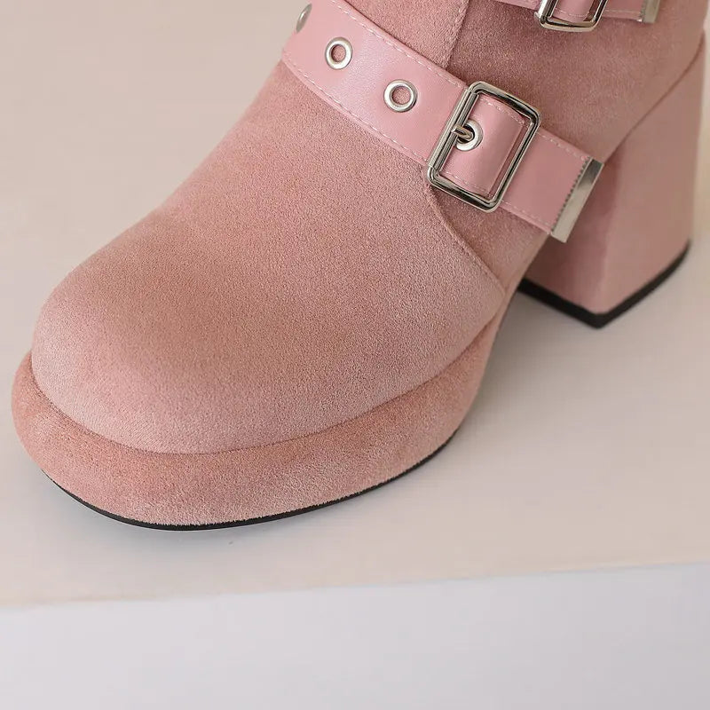 REAVE CAT Flock Suede Women Ankle Boots Round Toe Block Heels 8cm Platform 2.5cm Zipper Belt Buckle Big Size 42 43 Casual Bota