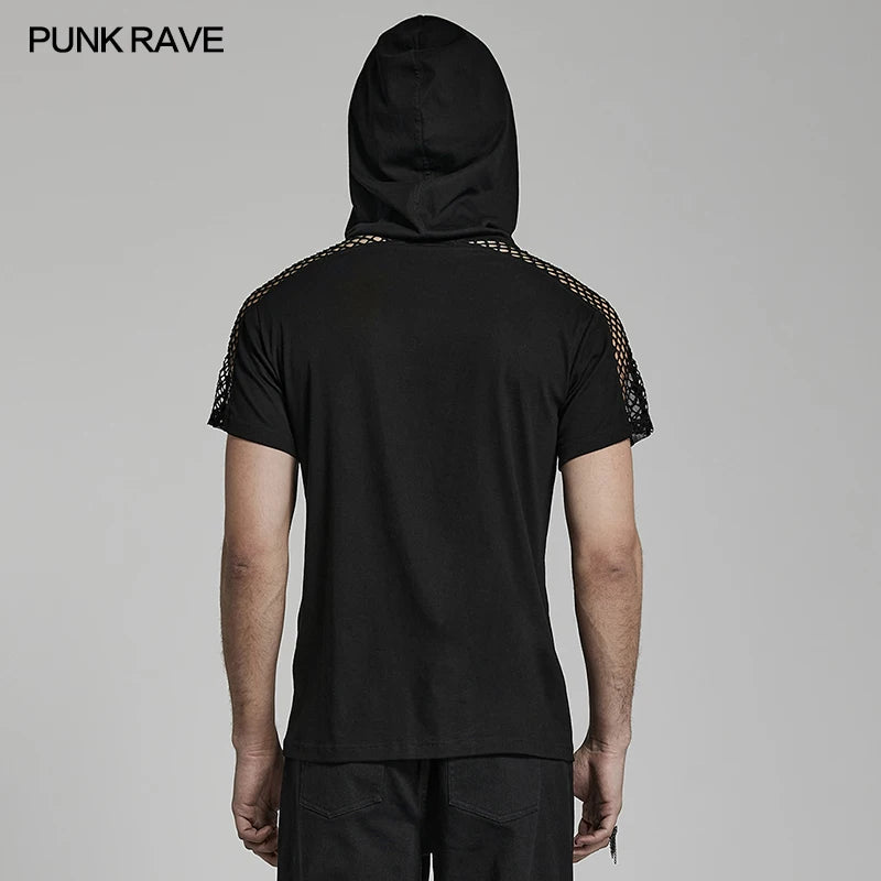 PUNK RAVE Men's Punk Handsome Hooded T-shirt Sexy Cool Hollow Mesh Cutouts Personality Casual Tops Tees Spring & Summer