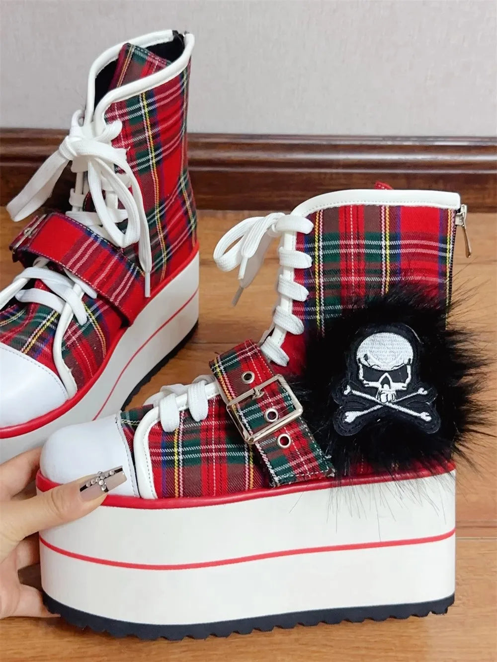 Women wasteland punk short Boots woman high Heels pumps Lady Dress party shoes round toe red plaid canvas customized shoes skull