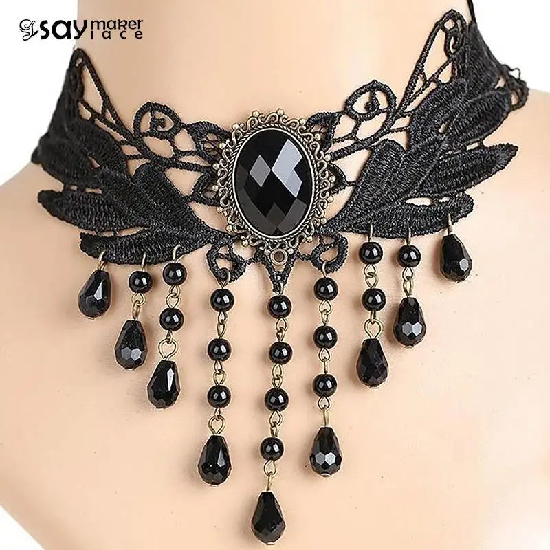 Boho Crystal Pearl Gothic Black Lace Necklace - Sexy Lace Choker for Women and Girls, Punk Dark Lolita Style Jewelry