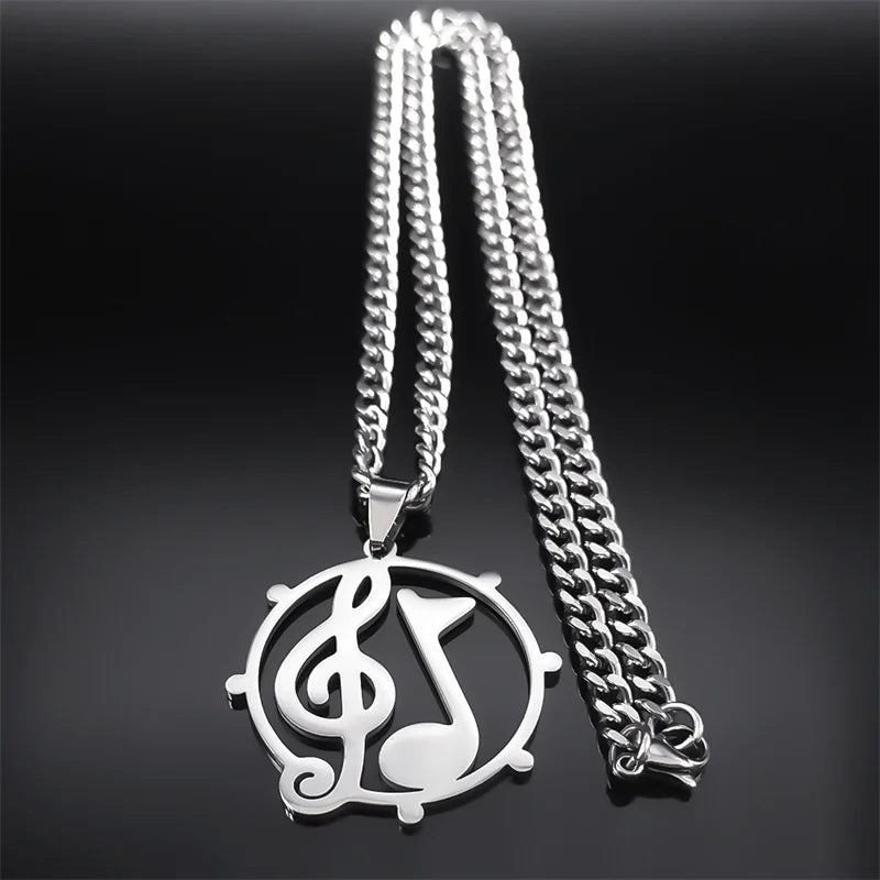 Stainless Steel Musical Note Pendant Necklace for Women and Men, Hip Hop Rock Music Band Jewelry