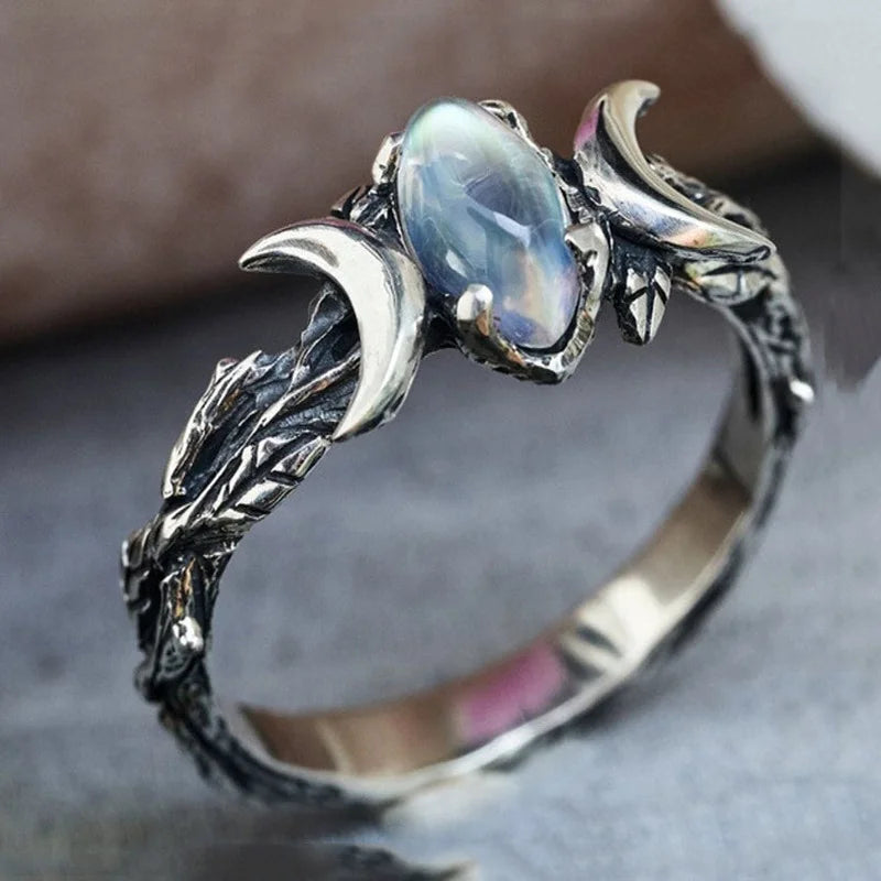 Tibetan Silver Double Moon Gemstone Ring – Geometric Moonlight Design, Fashion Jewelry for Women
