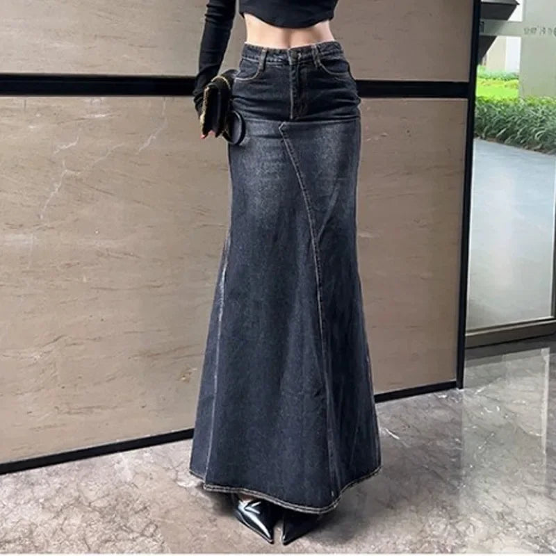 2023 Autumn New Vintage High-waisted Denim Skirt Women's Hip-hugging Long Skirt Split-line Flared Design Female Fashion