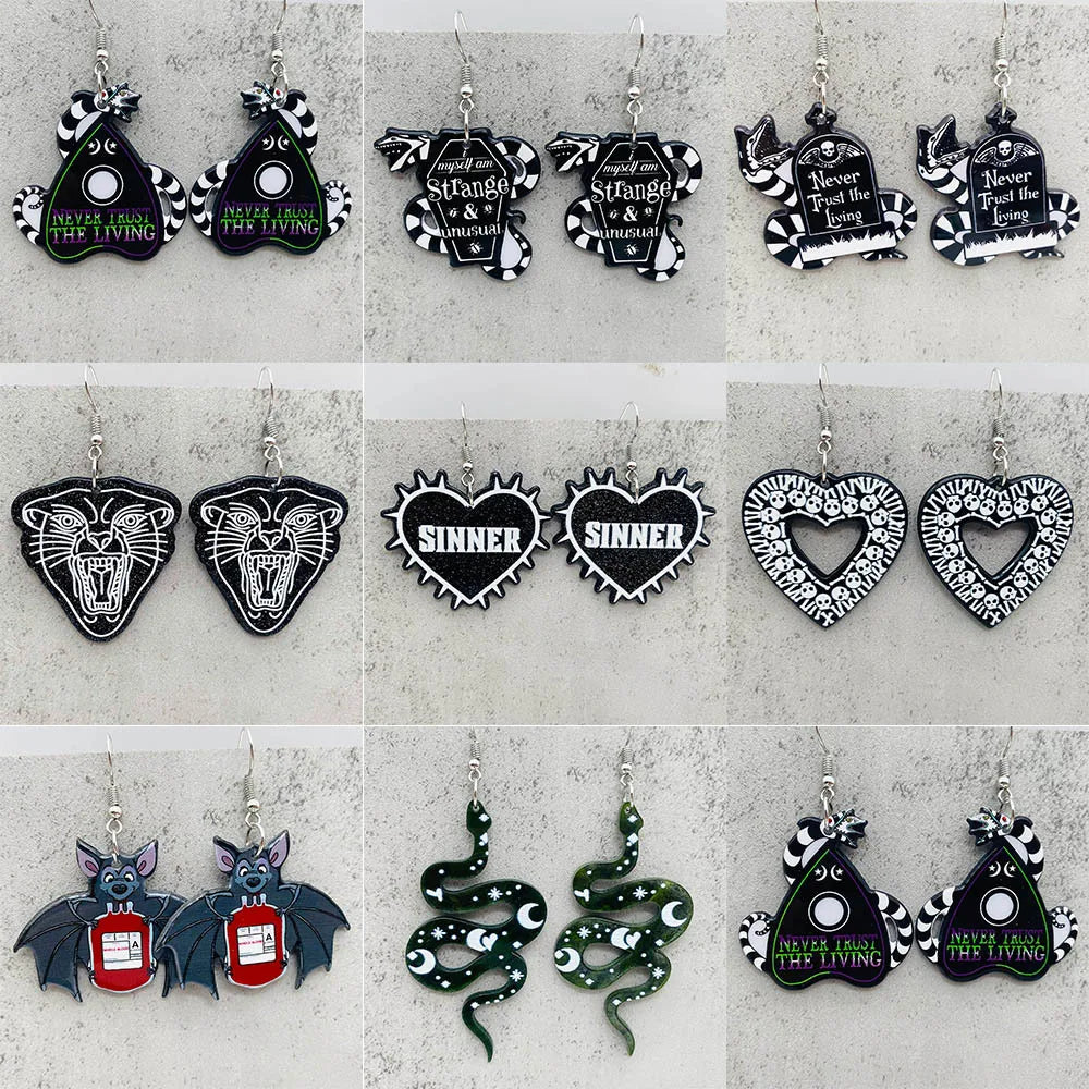 Dark Halloween Jewelry Acrylic Drop Earrings – Hip Hop Skull Head, Raven, Snake, Bat Design for Women’s Holiday Party Gift