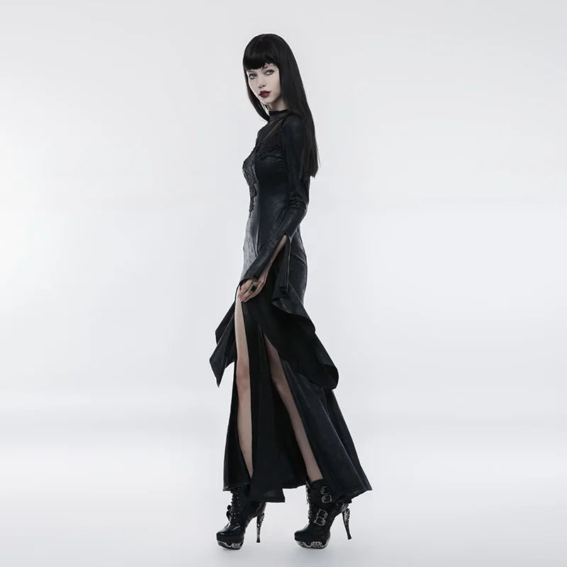 PUNK RAVE Gothic High Cross Split Long Dress - Vintage Lace Knit Mesh Hem with Collar Buttons in Black