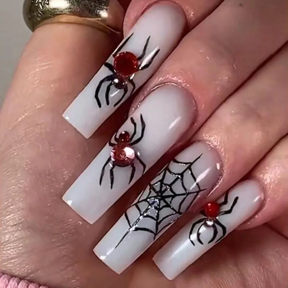 24Pcs Halloween Ballet False Nails with Ghost Spider Web Design Pink French Fake Nails Detachable Coffin Press on Nail Tips