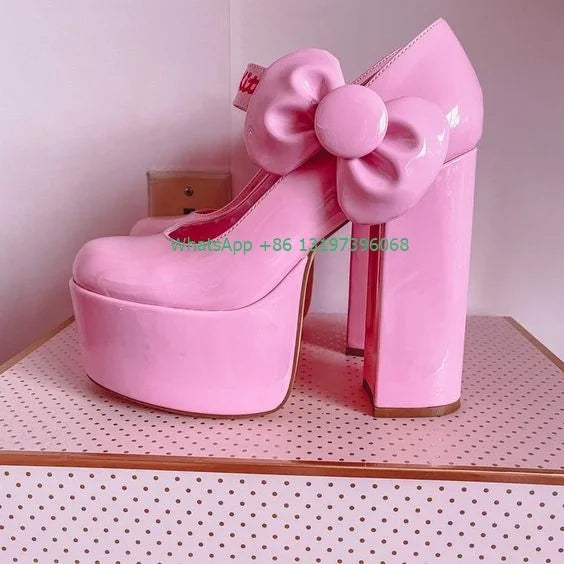 Lady Pink Bow Tie Mary Jane High Heels – Elegant Cute Platform Chunky Square Heel Hollow Summer Banquet Shoes