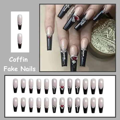 Long Coffin Punk Black French Acrylic Nail Ballerina Goth Artificial Glossy Glue on Nails Cross Rhinestone False Nails for Women