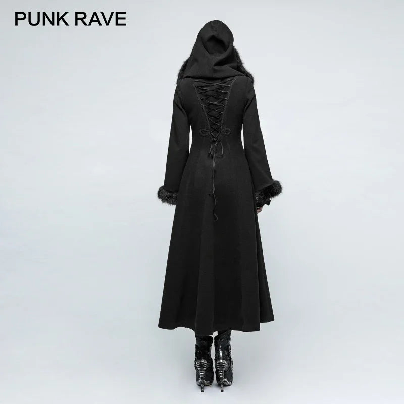 PUNK RAVE Women's Gothic Winter Coat - Black Long Worsted Coat with Disc Flowers and Embroidery, Hooded Raincoat for Autumn