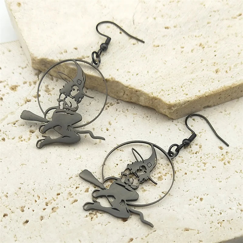 Stainless Steel Dangle Earrings – Witchcraft Black Hollow Pendant, Punk Halloween Jewelry for Women