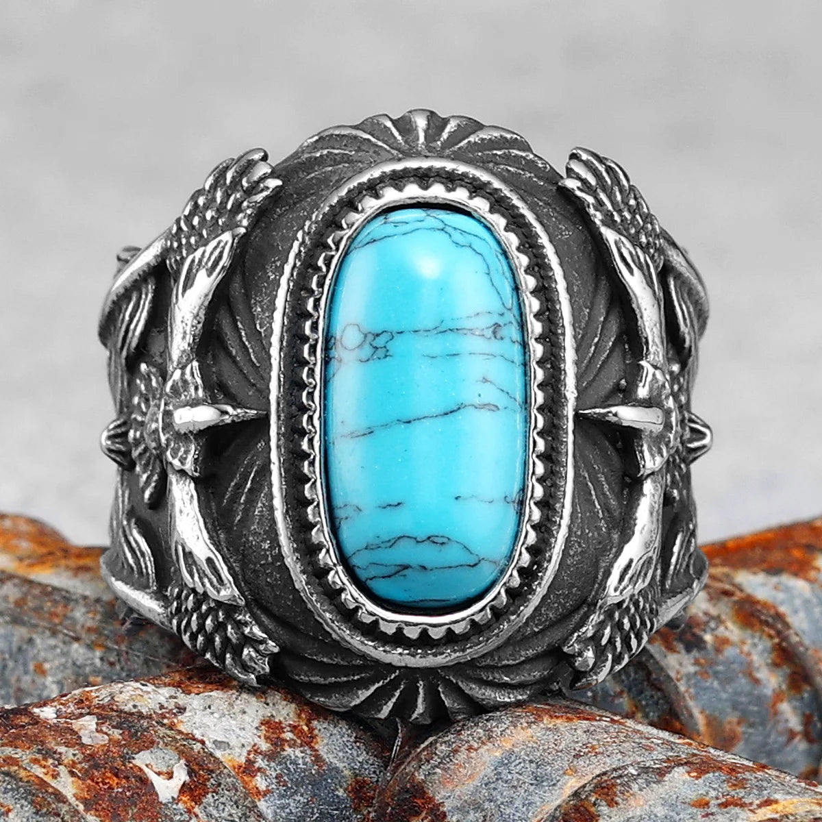 M316L Stainless Steel Eagle Ring – Trendy Turquoise Gemstone, Punk Rock Style for Men, Perfect Boyfriend Jewelry Gift