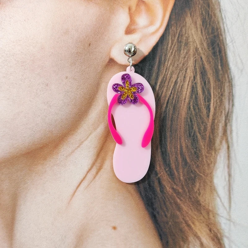 KUGUYS Pink Flip Flop Sandals Flower Dangle Earrings | Summer Beach Acrylic Jewelry Accessories for Women