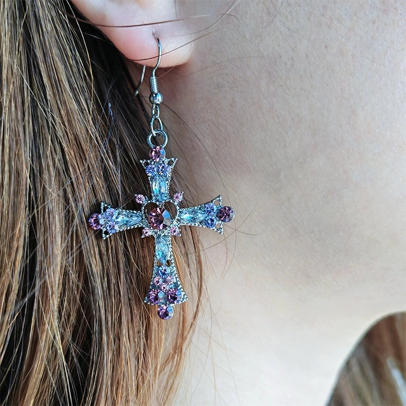 Goth Fancy Retro Pink Heart Cross Purple Zircon Drop Earrings