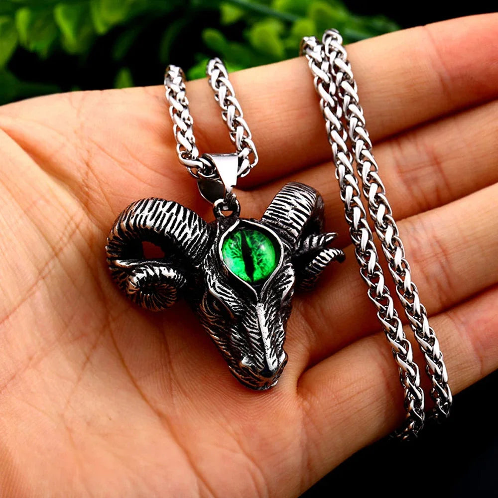 Vintage Stainless Steel Satan Skull Necklace - Men's Punk Demon Eye Sheep Head Pendant Jewelry, Goth Accessories