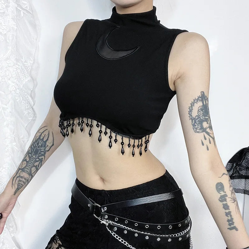 Y2K Goth Moon Lace See-Through Crop Tank Tops High Collar Sleeveless Tassel Vintage Summer Streetwear