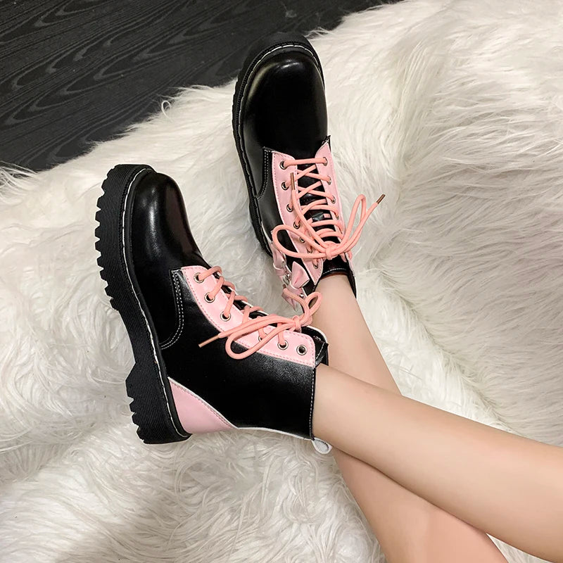 Kawaii Girl Pink Boots - 2023 New High-Top Lace-Up Butterfly Knot Women’s Motorcycle Boots, Fashion Student Platform Shoes