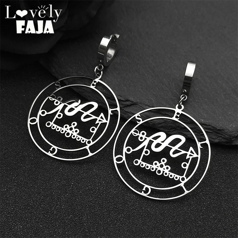 Stainless Steel Sigil of Lucifer Hoop Earrings - ELIGOS Laser Key Baphomet Stamp Dangle Party Jewelry Gift