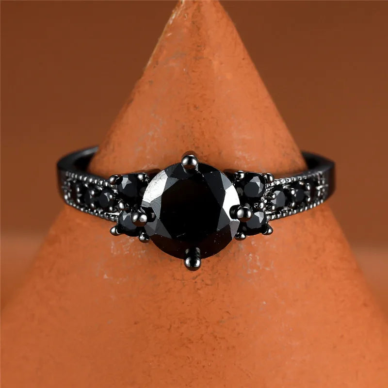 Round Black Zircon Stone Ring for Fashion Wedding Party Engagement Jewelry