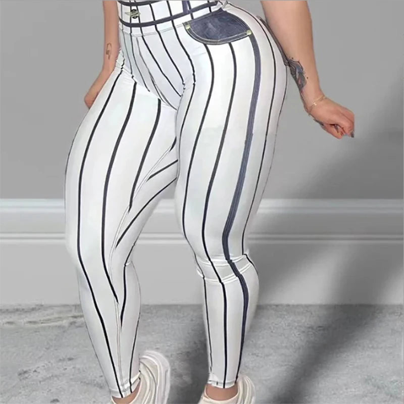 Women High Waist Sports Leggings Fashion Stripe Print Stretch Yoga Pants Sexy Tight Fitness Workout Gym Push Up Causal Pant