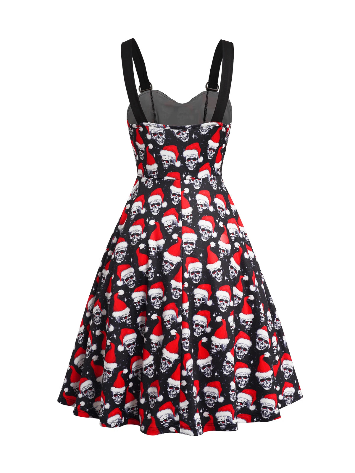 Dressfo Women's Christmas Dress – Cap Skull Allover Print, Lace-Up with Heart Ring, Sweetheart Neck Sleeveless Dress