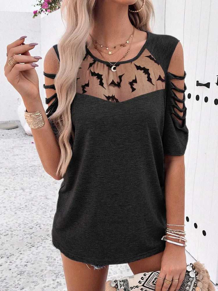 Yangelo 2024 Bat Print See Through Patchwork T-shirt Women's Summer Casual Hollow Short-sleeved Black Elegant Ladies' tops