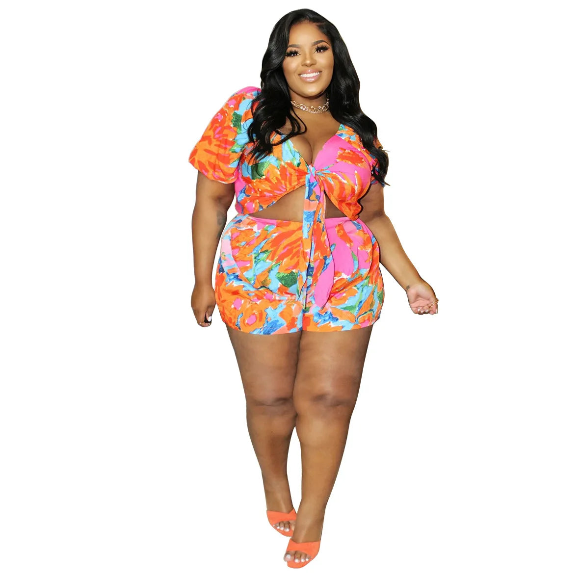 SOMO 4XL Summer Sexy Lace-Up Outfit – Plus Size Fashion Printed Shorts Two-Piece Set for Women