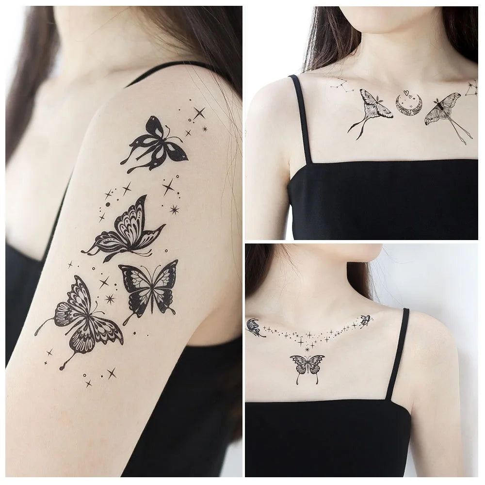 Adult Black Temporary Tattoo – Butterfly Mandala Flower Waterproof Body Art Sticker for Face & Makeup