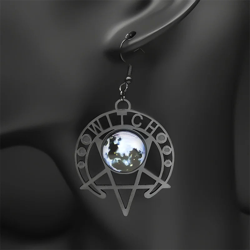 Gothic Witch Moon & Pentagram Earrings – Stainless Steel Starry Sky Crescent Drop Jewelry for Women