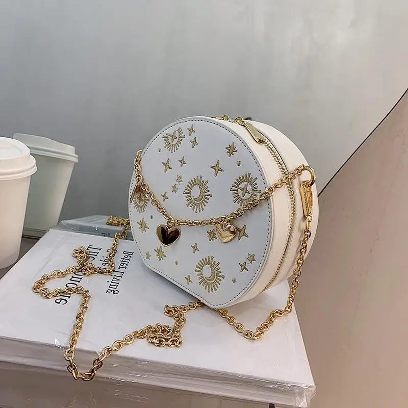 Starry Sky Round Crossbody Bag – Luxury Circular Embroidered Shoulder Bag with Chain, Small Handbag for Women