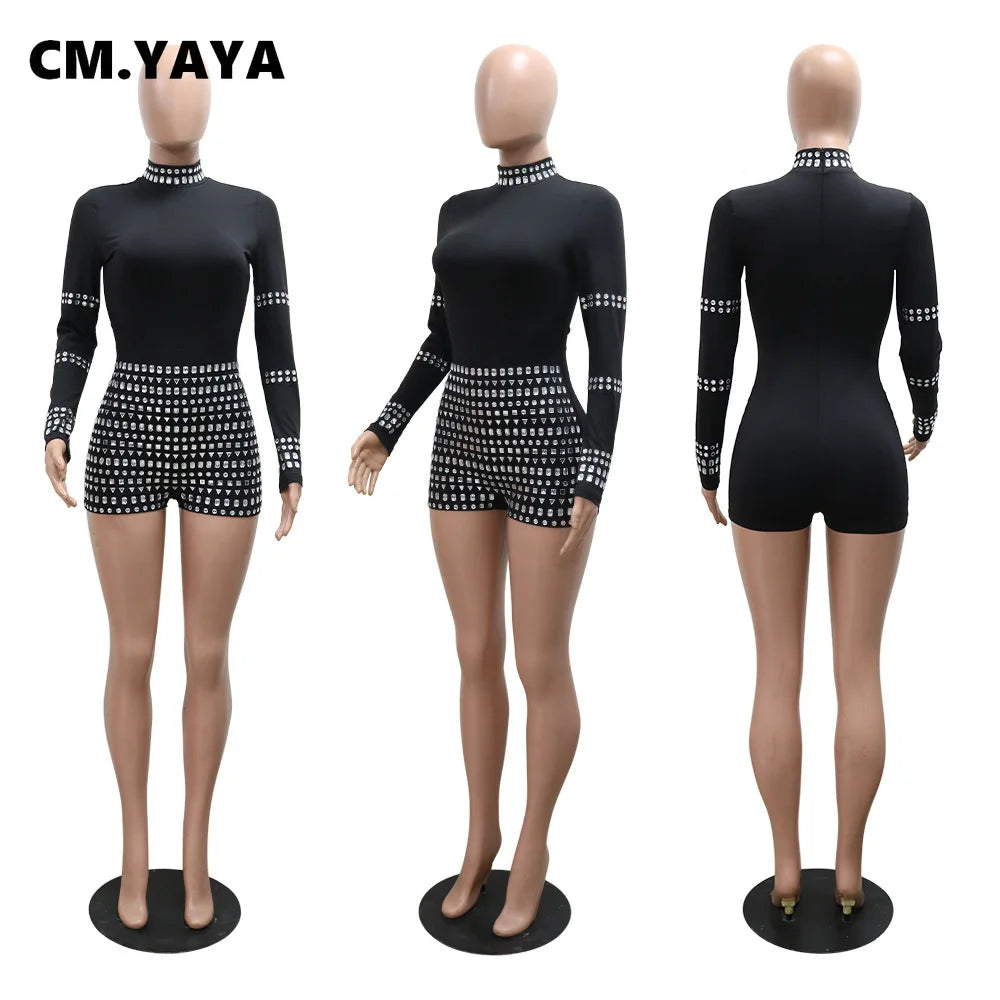 CM.YAYA Women's Diamonds Hot Rhinestones Long Sleeve Short Jumpsuit - Sexy Party Club One Piece Romper for Summer 2024